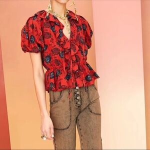 Ulla Johnson Nadya Blouse Red Poppy Floral Ruffle Peplum Puff Sleeve Top Sz 6